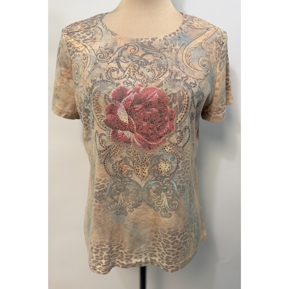 Vintage Y2K Womens Bling Top Rhinestone Tattoo Rose Leopard Print Large 00s USA